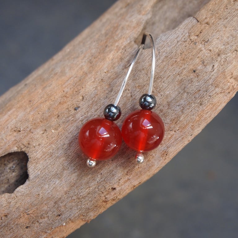 Silver drop earring - sterling silver & carnelian thread drop earrings