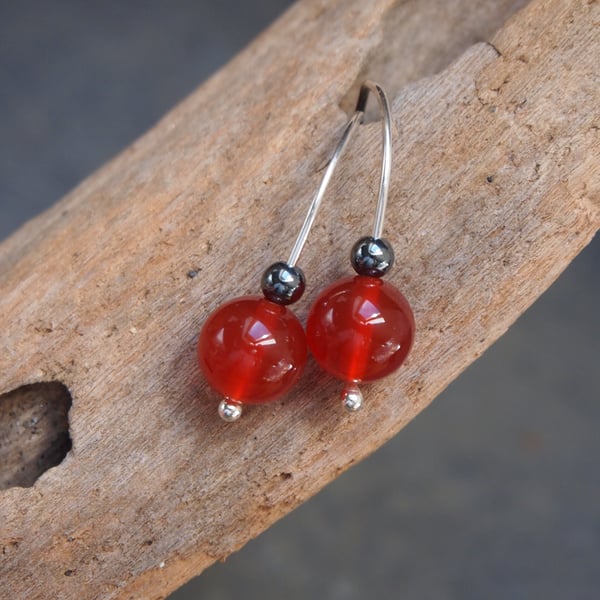 Silver drop earring - sterling silver & carnelian thread drop earrings