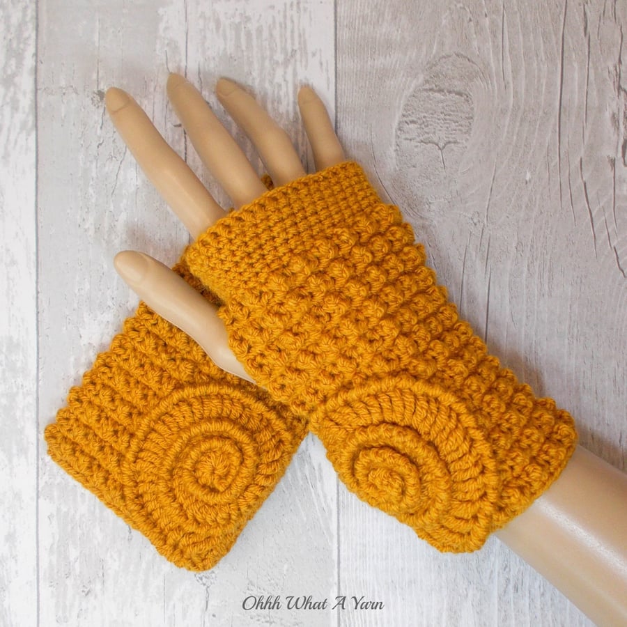 Dark gold ammonite ladies crochet gloves, finger less gloves.  