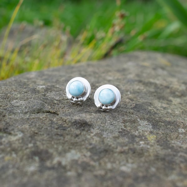 Larimar Stone Silver Stud Earrings