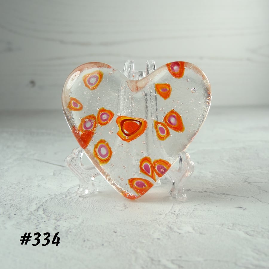 Orange red pink patterned heart fused glass pocket hug with stand 5x4.5cm (334)