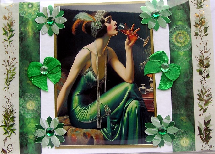 Art Deco Style Lady - Hand Crafted Decoupage Greeting Card - Blank 3164