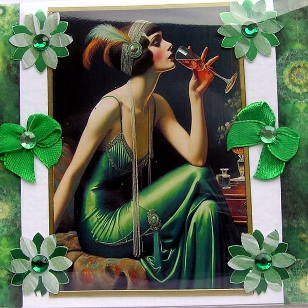 Art Deco Style Lady - Hand Crafted Decoupage Greeting Card - Blank 3164