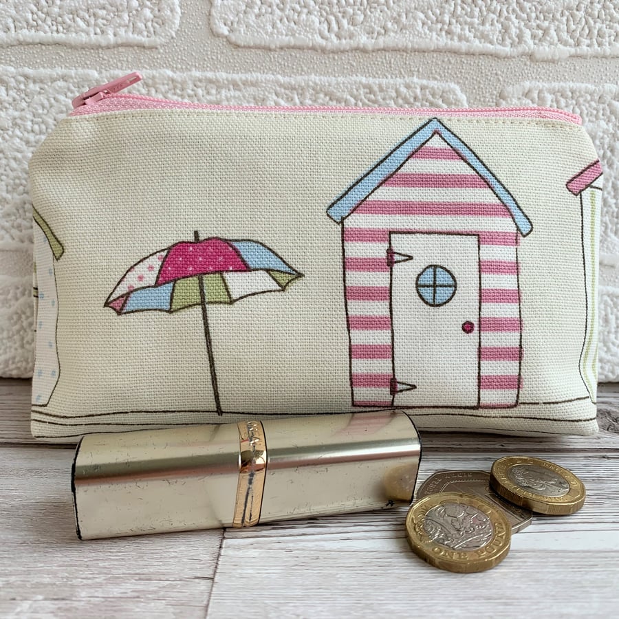 Large purse, coin purse with pastel striped beach hut and parasol