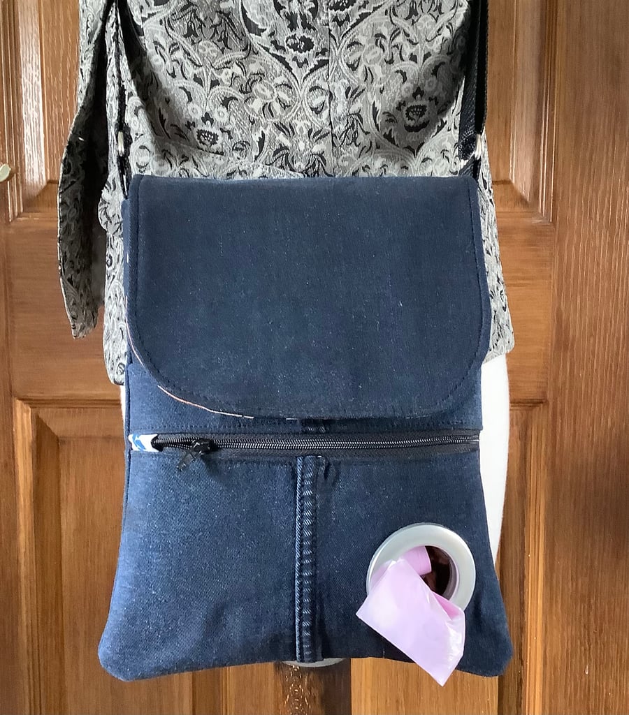 Repurposed denim dog walkers  dispenser bag. Cross body style adjustable strap.