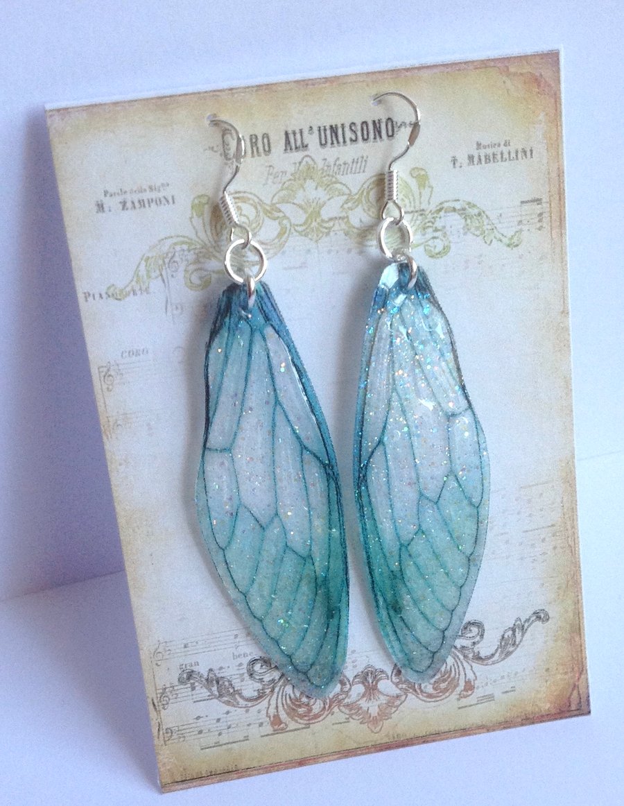 Large Sea Green Fairy Wing Sterling Silver Earrings