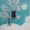Romantic Cat Card, Snow Tree Black Cat Card, Winter Wedding Anniversary Card Cat
