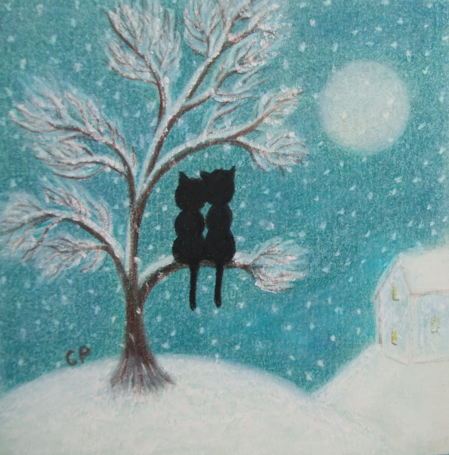 Romantic Cat Card, Snow Tree Black Cat Card, Winter Wedding Anniversary Card Cat