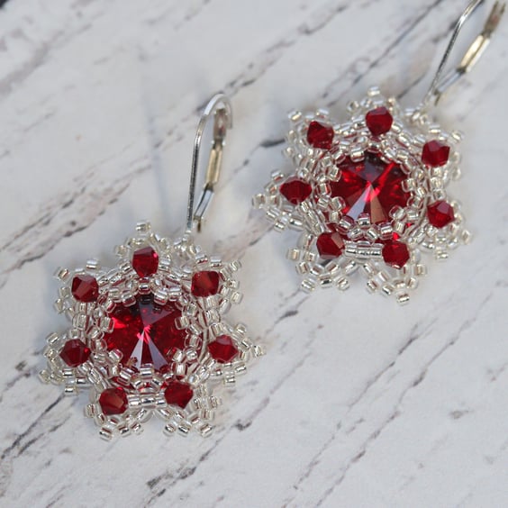 Red and Silver Beaded Crystal Earrings