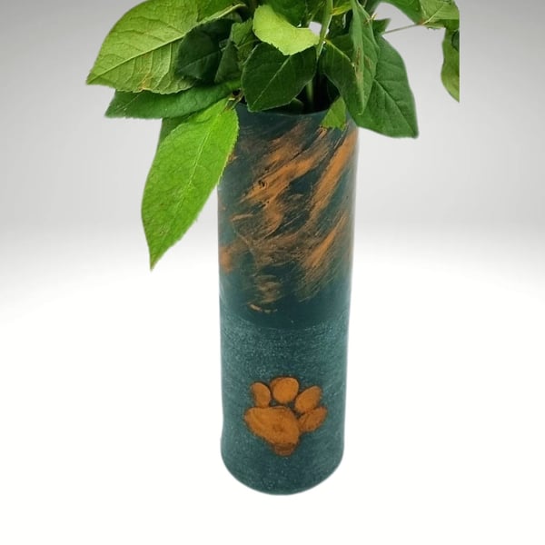 Green Vase Made of Wax With Gold Paw Decoration Medium Cylinder Shape