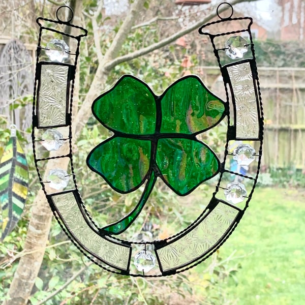 Stained Glass Lucky Horseshoe Four Leaf Clover Suncatcher - Window Decoration