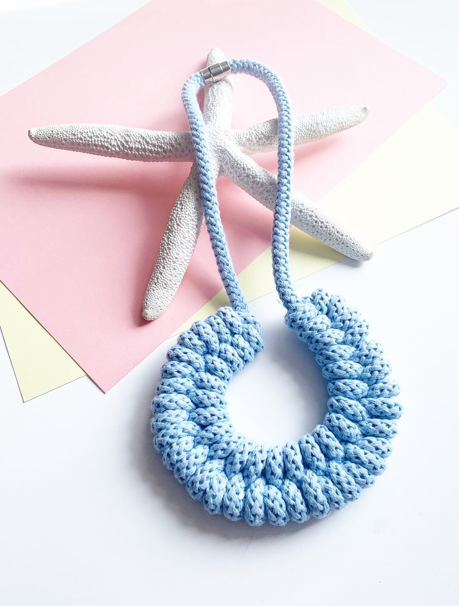 Baby blue lightweight sustainable necklace made with 100% biodegradable cotton