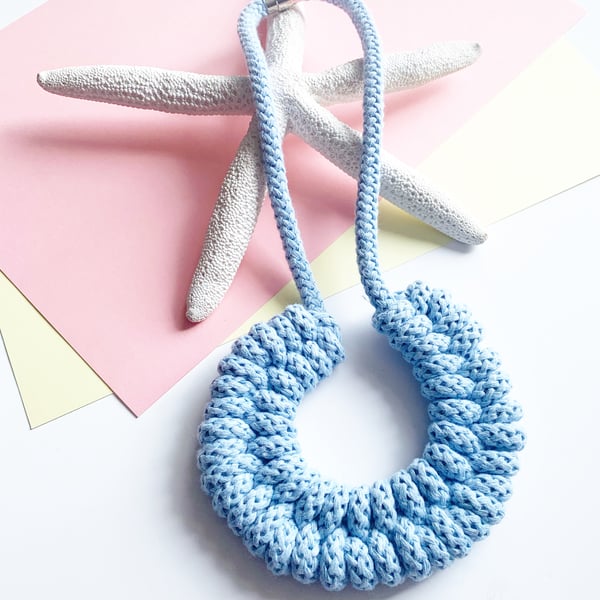 Baby blue lightweight sustainable necklace made with 100% biodegradable cotton