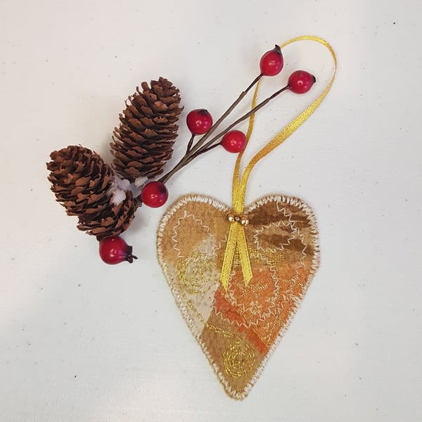 Silk heart hanging decoration: cream and gold