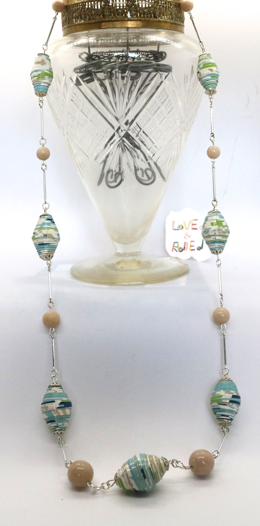 Opera length necklace with chunky paper beads and nude colour round beads