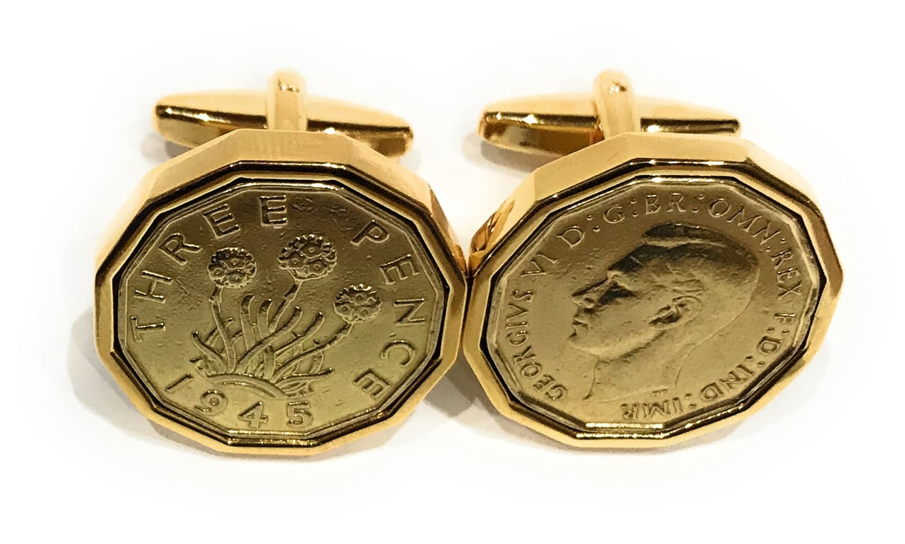 1945 Threepence 3d 80th birthday coin Cufflinks, 80th Anniversary gift 