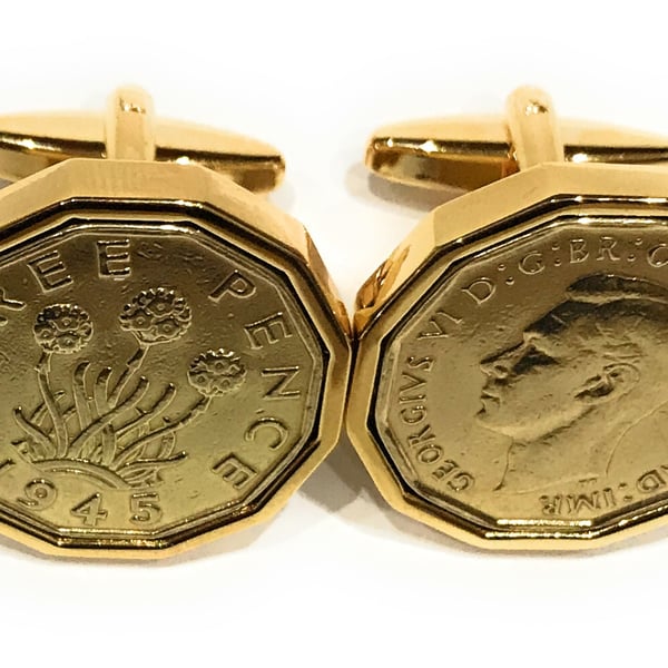 1945 Threepence 3d 80th birthday coin Cufflinks, 80th Anniversary gift 