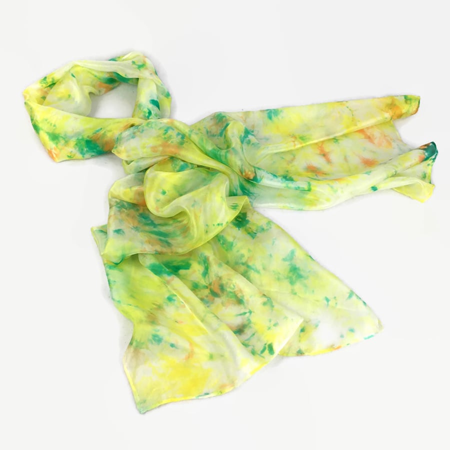 Hand dyed silk scarf in yellow, green and orange