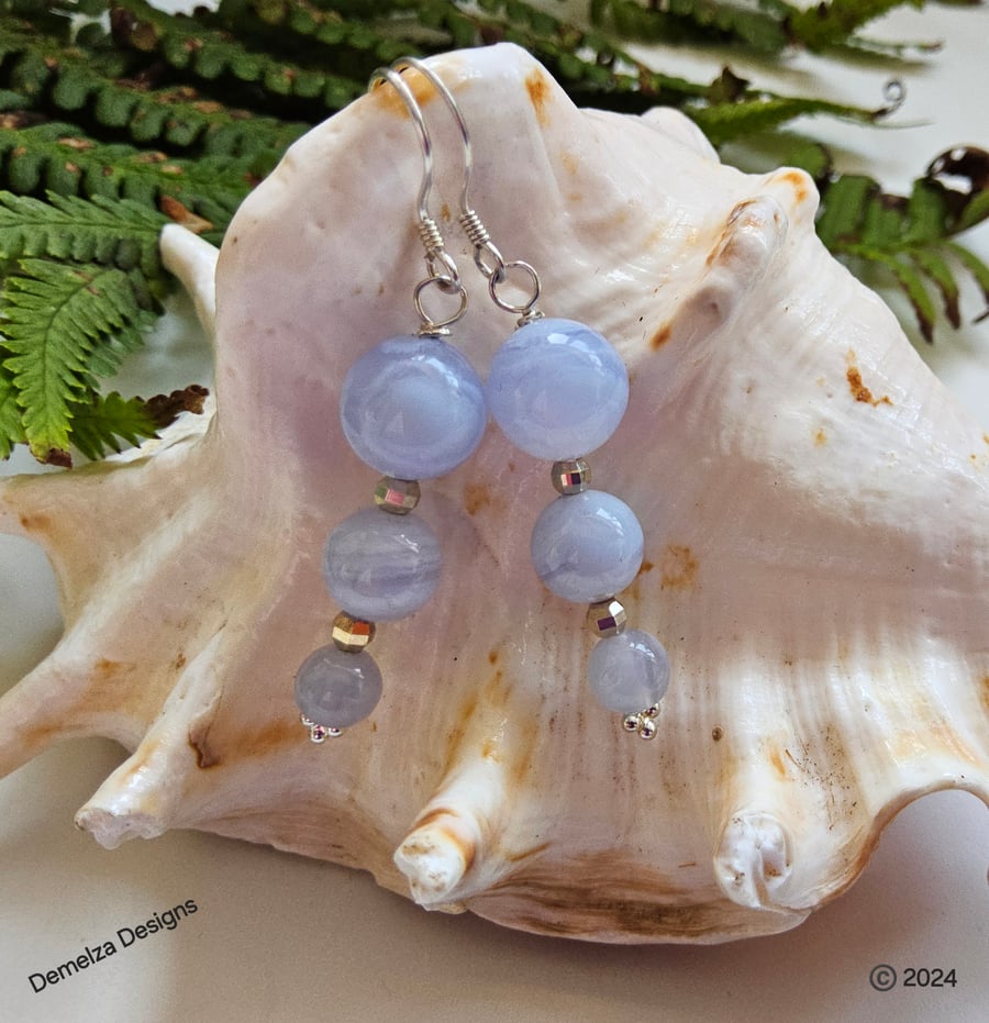 Designer Blue Lace Agate Sterling Silver Earrings 