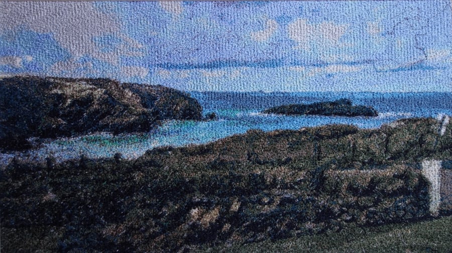 Mullion Island, Cornwall, Embroidered Art. Beautiful, mounted, unframed