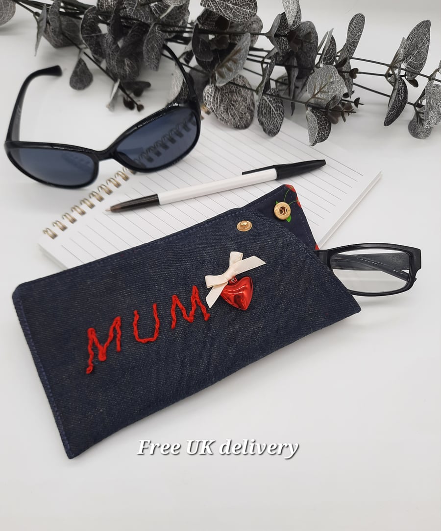 Glasses case for mum in denim and red with love heart bell.