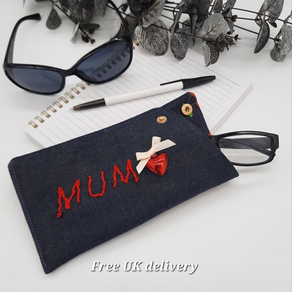 Glasses case for mum in denim and red with love heart bell.
