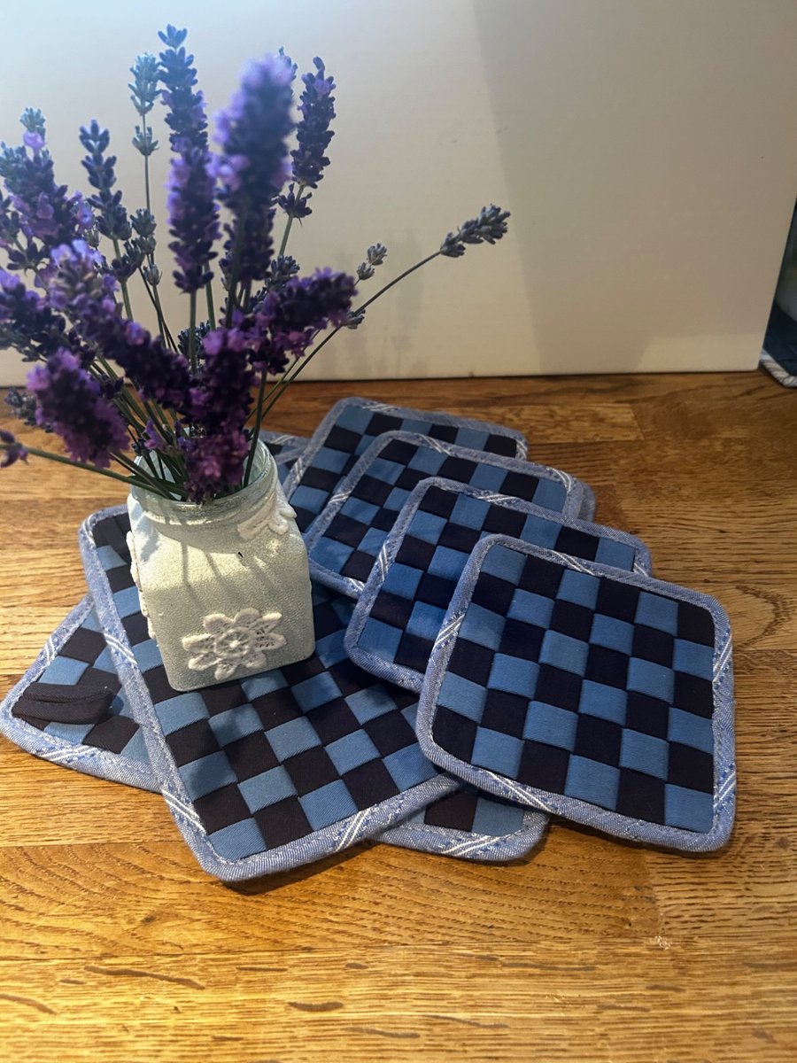 Hand woven denim 2 potholders and 4 coasters 