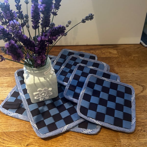 Hand woven denim 2 potholders and 4 coasters 