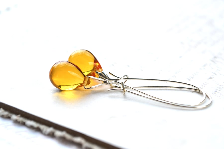 Long yellow earrings, glass teardrop earrings, bright yellow jewellery