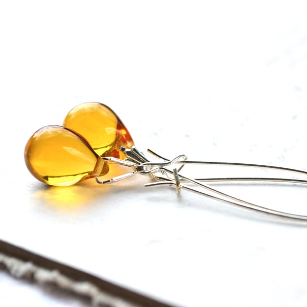 Long yellow earrings, glass teardrop earrings, bright yellow jewellery