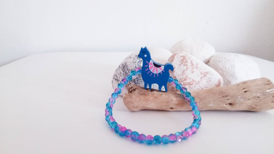 Small Alpaca Llama Crackle Bead Bracelet - Blue