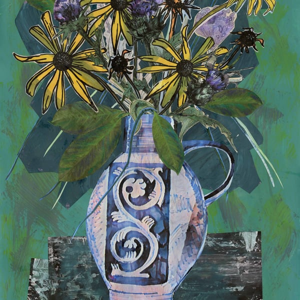A3 art print - Autumn flowers in blue and white vase (09)