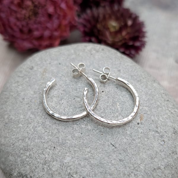 Sterling Silver Hammered Hoop Earrings - Medium Size - JBJ1006