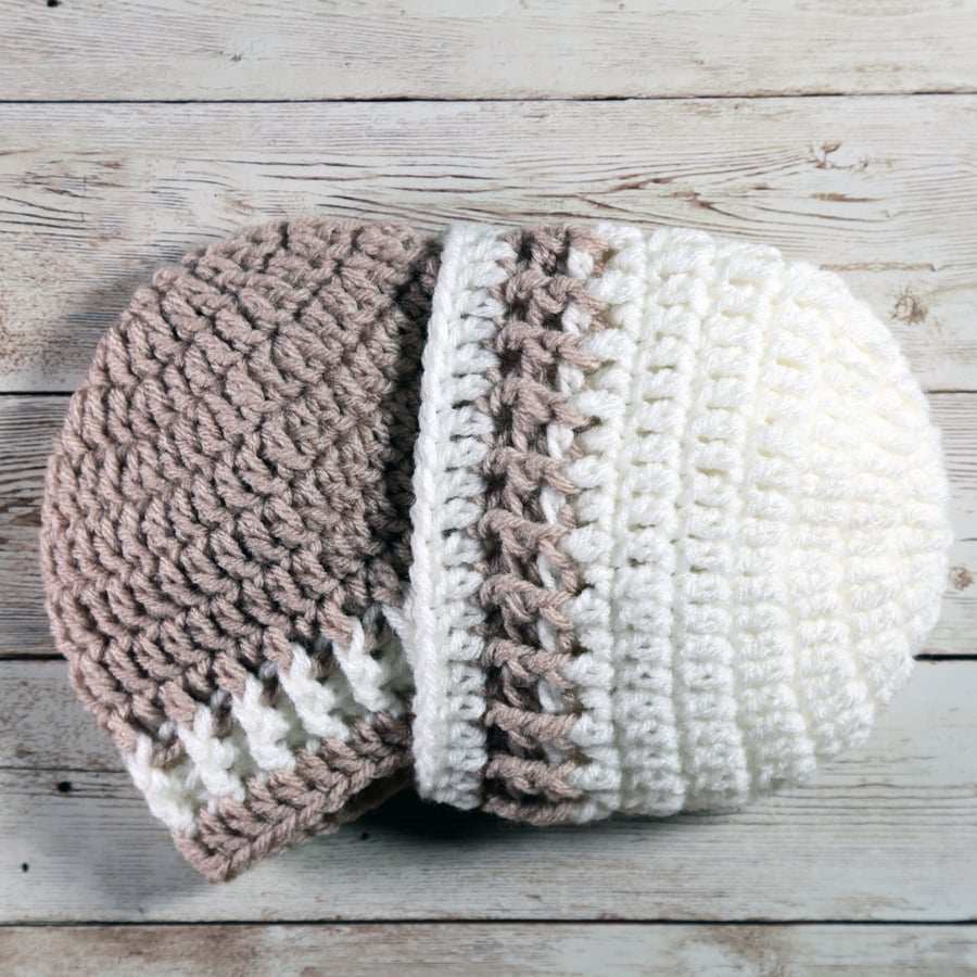 Crochet Baby Hat in Neutral Beige and Cream, Shower, Christening Gift, 
