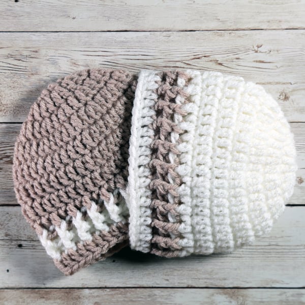 Crochet Baby Hat in Neutral Beige and Cream, Shower, Christening Gift, 