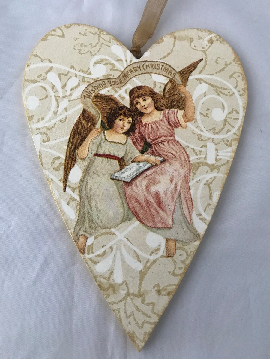 Decorated Christmas Wooden Heart Decoration Vintage Angels Merry Christmas  