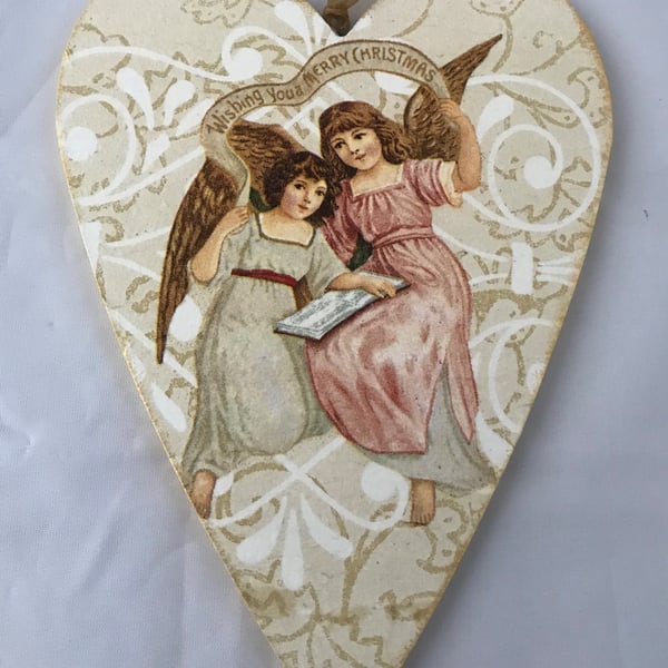 Decorated Christmas Wooden Heart Decoration Vintage Angels Merry Christmas  