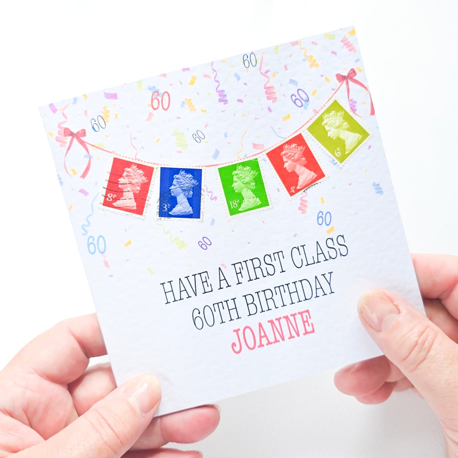 Personalised 60th Birthday Card - Unique Postage Stamp Card - Handmade Birthday 