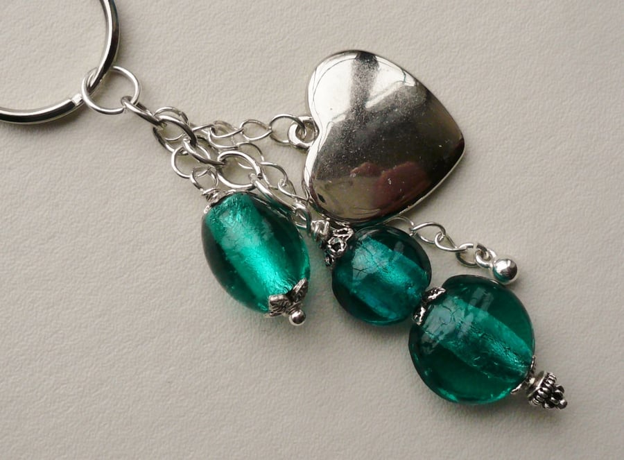 Teal Blue and Heart Keyring   KCJ946