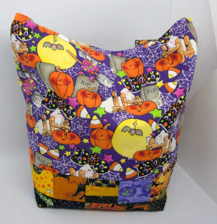 Halloween Trick or Treat Bag, Handmade Cotton Tote, Pumpkin Ghost Bag