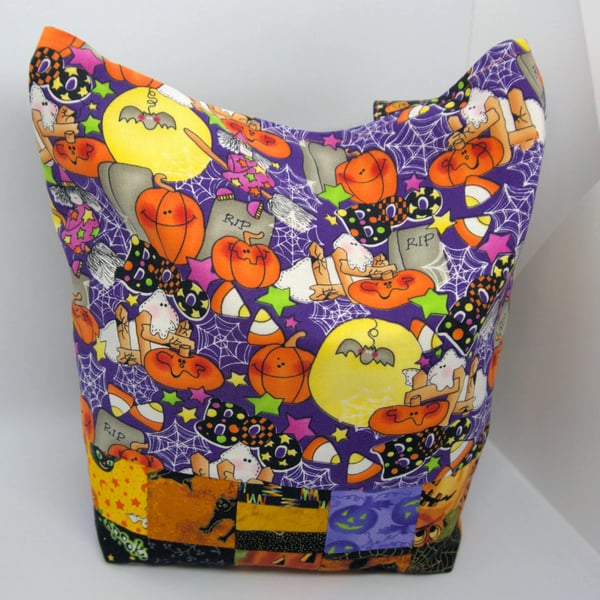 Halloween Trick or Treat Bag, Handmade Cotton Tote, Pumpkin Ghost Bag