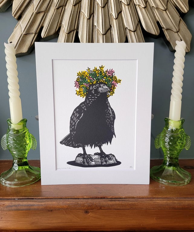 Lady Summertide - handmade original linocut crow bird art print