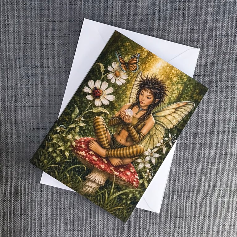 Birthday Card Destiny Fairy - Crystal Ball Fairy on Toadstool - A5 Greeting Card