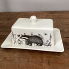 Flora & fauna butter dish - country kitchen, badger, squirrel, hare, bee,