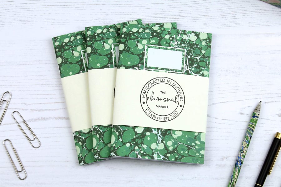 A6 pocket notebook printed marbled paper green stone design