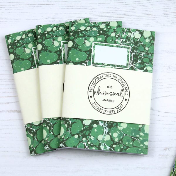 A6 pocket notebook printed marbled paper green stone design
