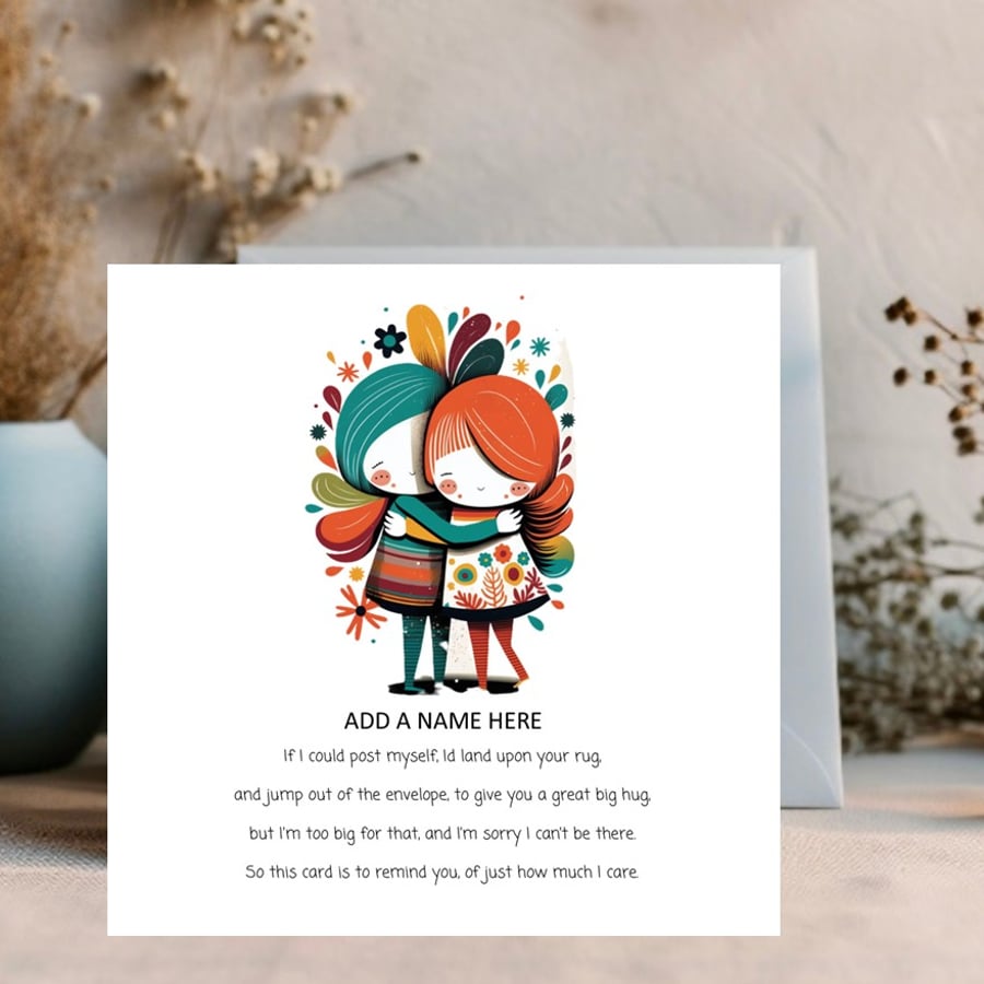Personalised Send a Hug Card for any occasion. Girl and girl or girl and boy