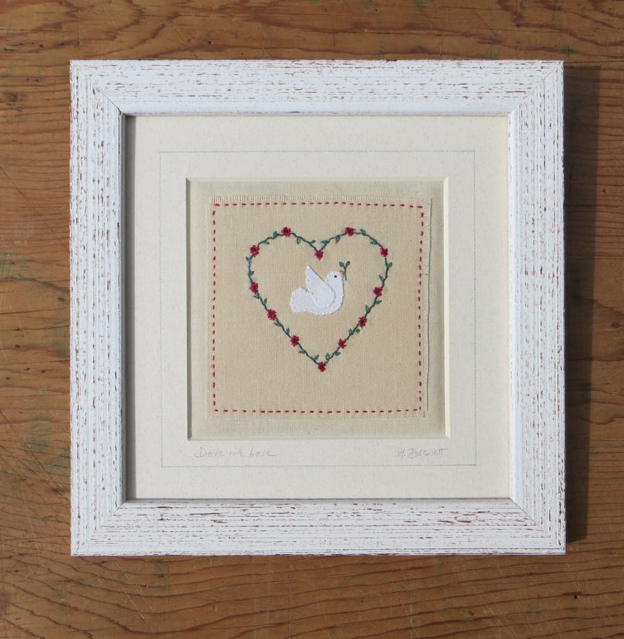 Dove with Love framed hand-stitched textile
