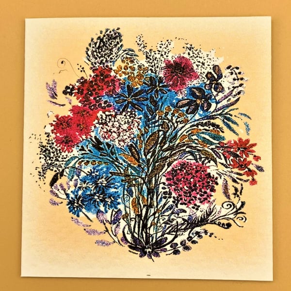 Anniversary Greetings Card, blue and pink flowers, 'Happy Anniversary' message. 