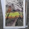 Green Fields. Handpainted Watercolour Blank Card.  Paper Art.  Easter Gift 